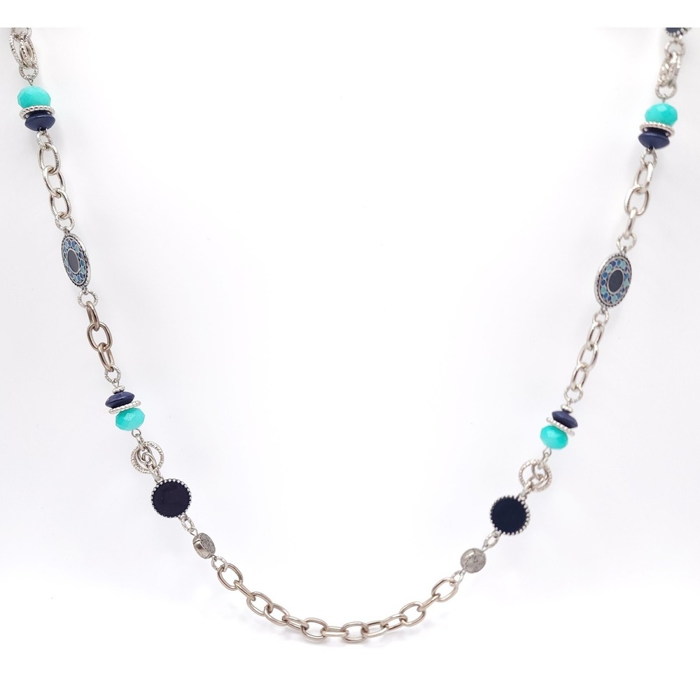 Ruby Rd. Blue Teal Beaded Necklace Women's Long 42 in Silver Tone Boho Statement
